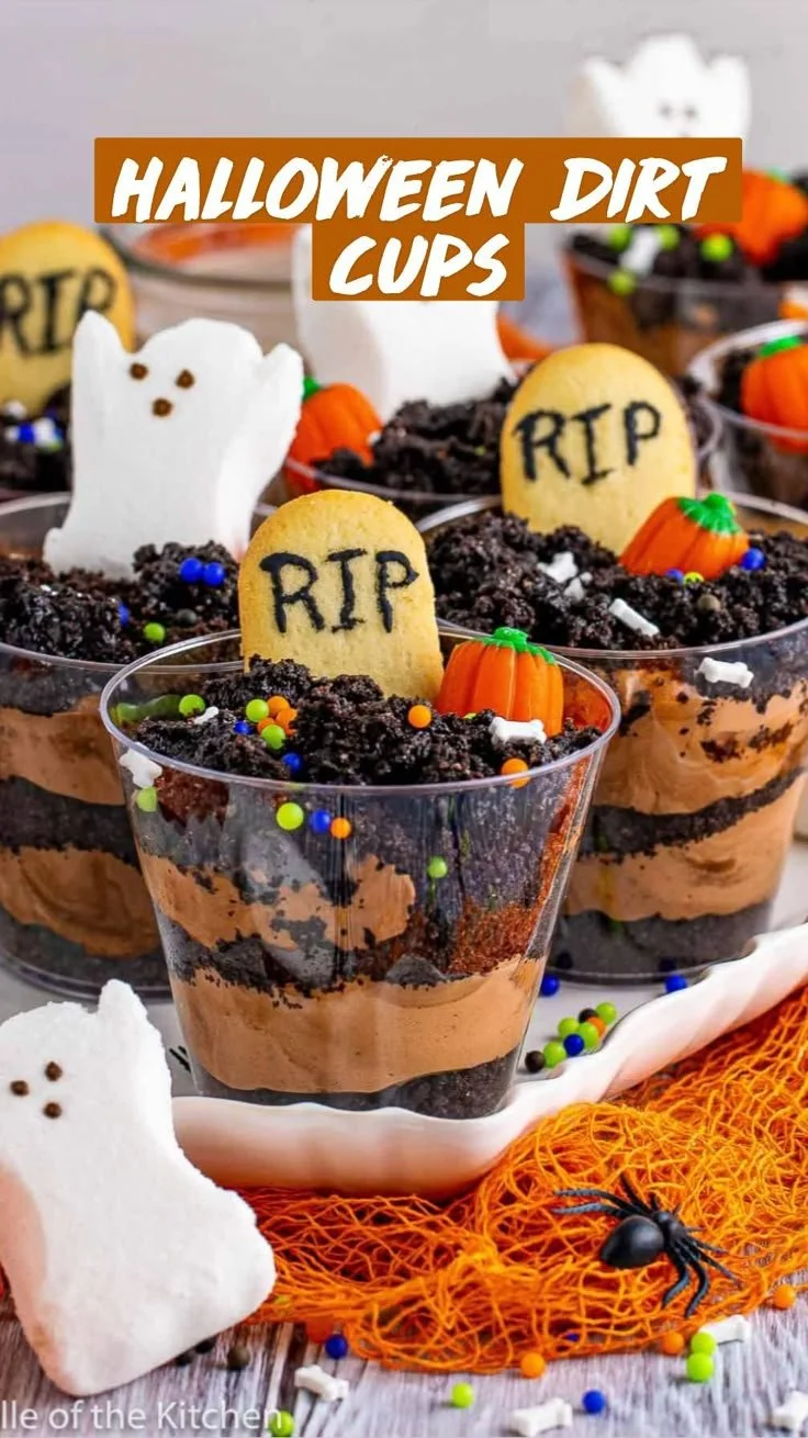 Halloween themed Dirt Cups topped with spooky decorations and gummy worms