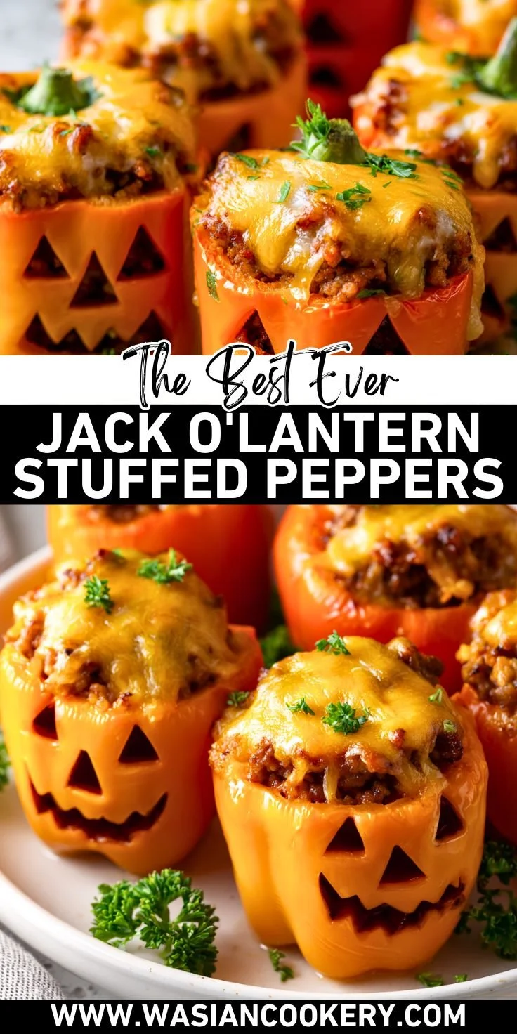 Halloween Jack-O’-Lantern stuffed peppers garnished for a festive meal