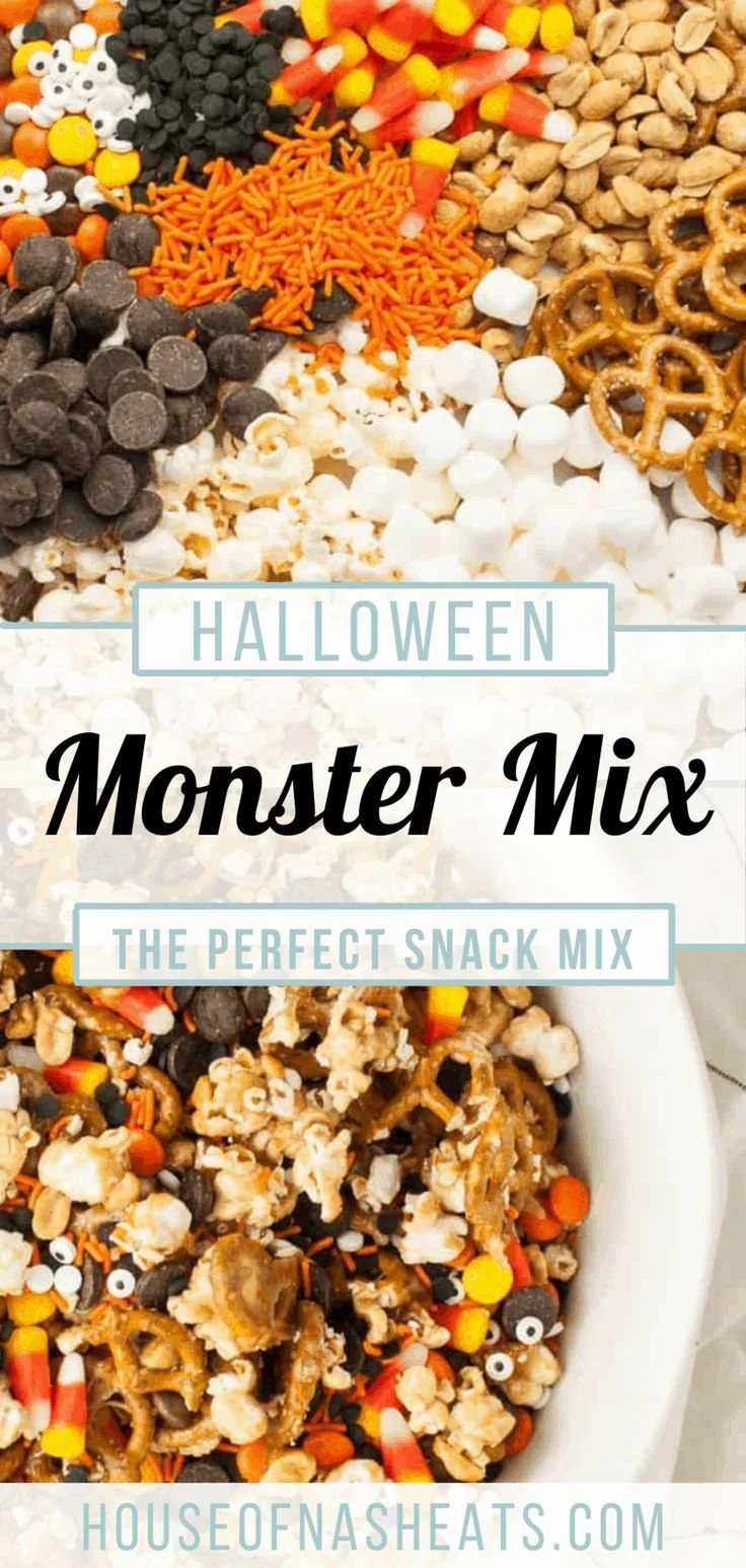 Colorful Halloween monster snack mix with treats and fun decorations