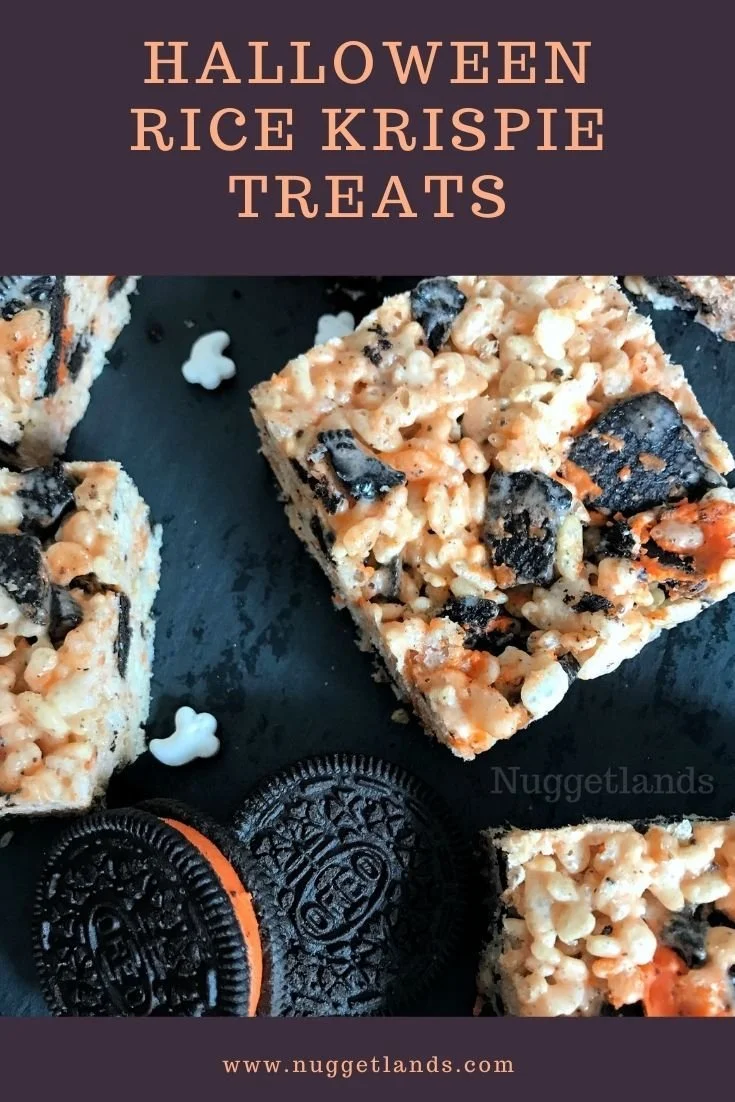 Halloween-themed Oreo Rice Krispie Treats topped with festive decorations.