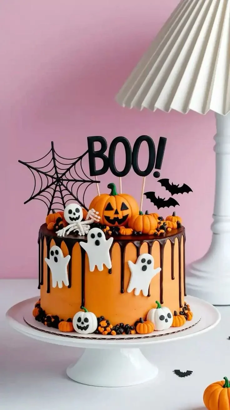 Halloween pumpkin cake decorated with spooky ghost designs and pumpkin motifs