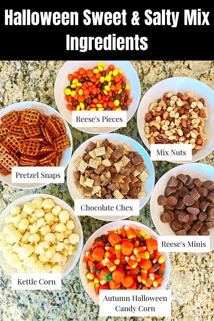 Delicious Halloween snack mix with sweet and salty ingredients in a festive bowl