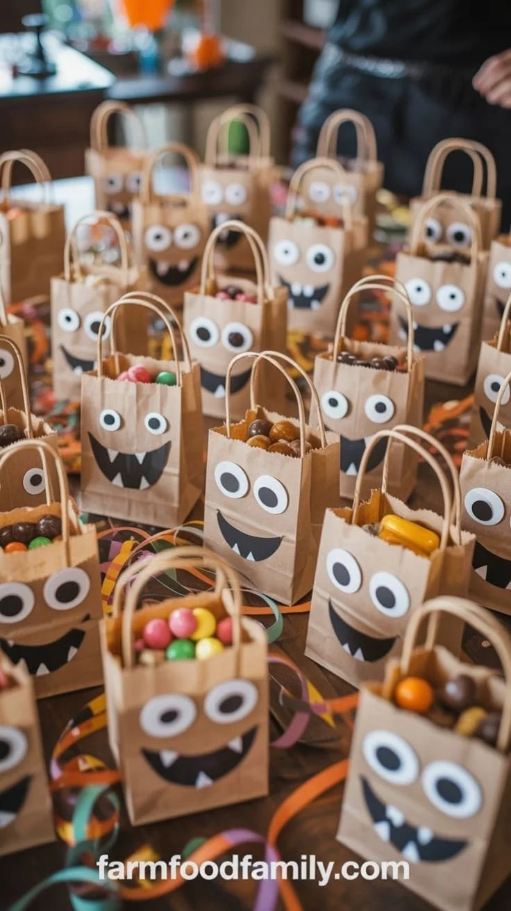Googly-eyed monster paper bags for Halloween treat bags