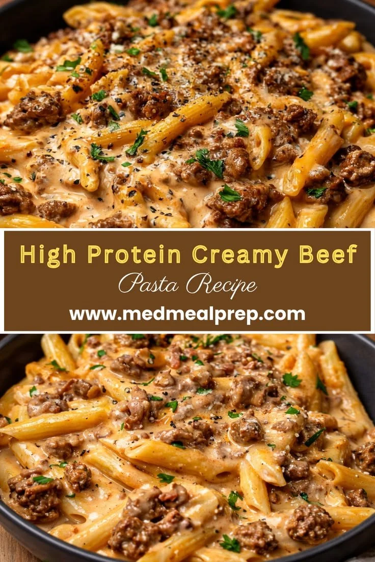 Creamy beef pasta in a one-pan dish for an easy, high-protein meal.