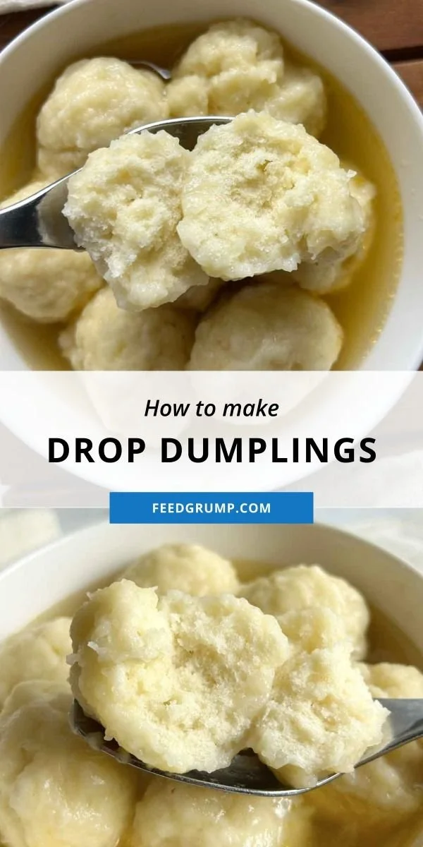 Homemade drop dumplings served in a bowl of hearty soup
