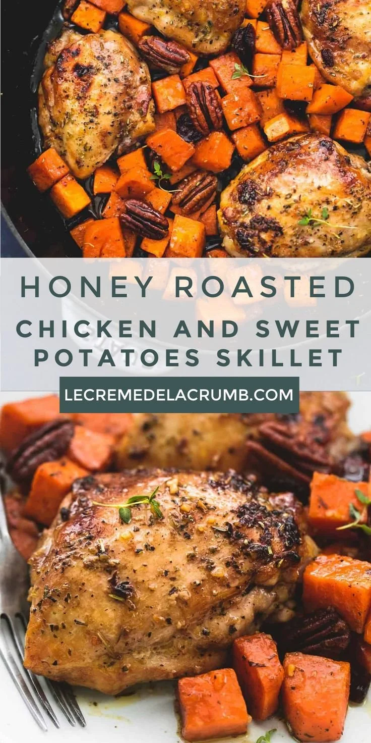 Honey roasted chicken with sweet potatoes skillet dish served on a plate