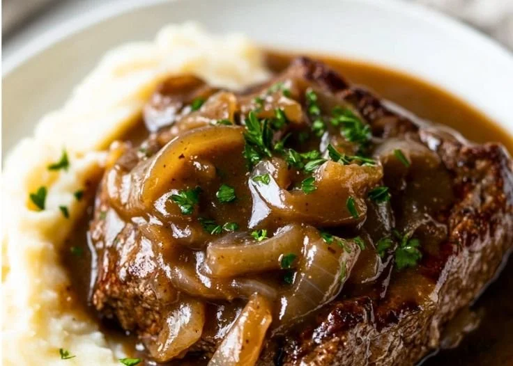 Delicious Crock Pot cube steak with gravy served on a plate