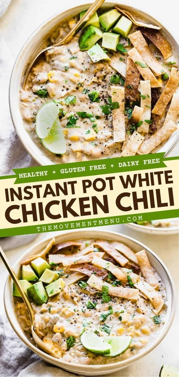 Bowl of dairy-free Instant Pot white chicken chili topped with cilantro.