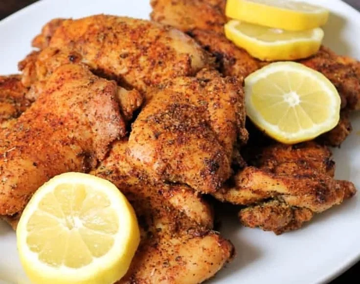 Oven baked lemon pepper chicken thighs recipe plated with lemon slices