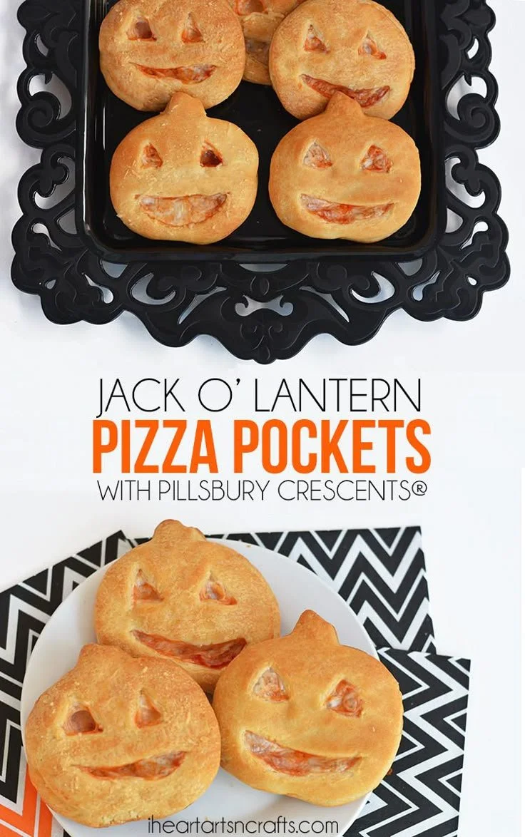 Jack O' Lantern Crescent Pizza Pockets for Halloween parties