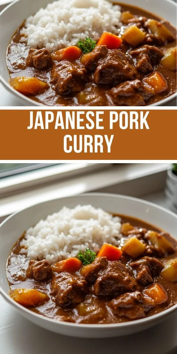 Delicious homemade Japanese pork curry served in a bowl with rice and vegetables