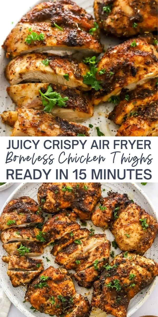 Juicy crispy air fryer boneless chicken thighs ready to serve