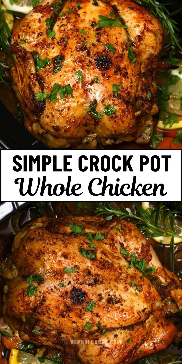 Juicy whole chicken cooked in a Crockpot, ready to serve.