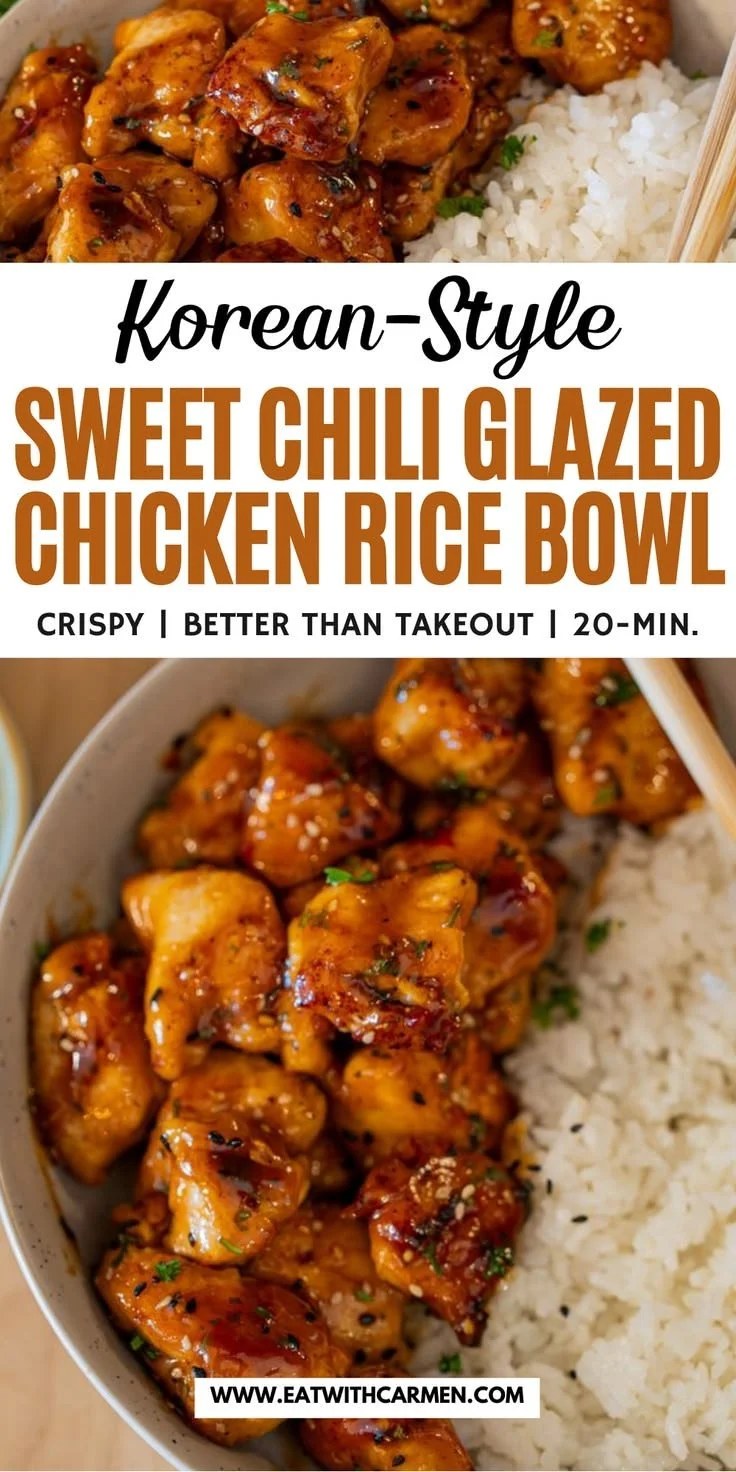 Korean Sweet Chili Chicken served over rice with fresh vegetables
