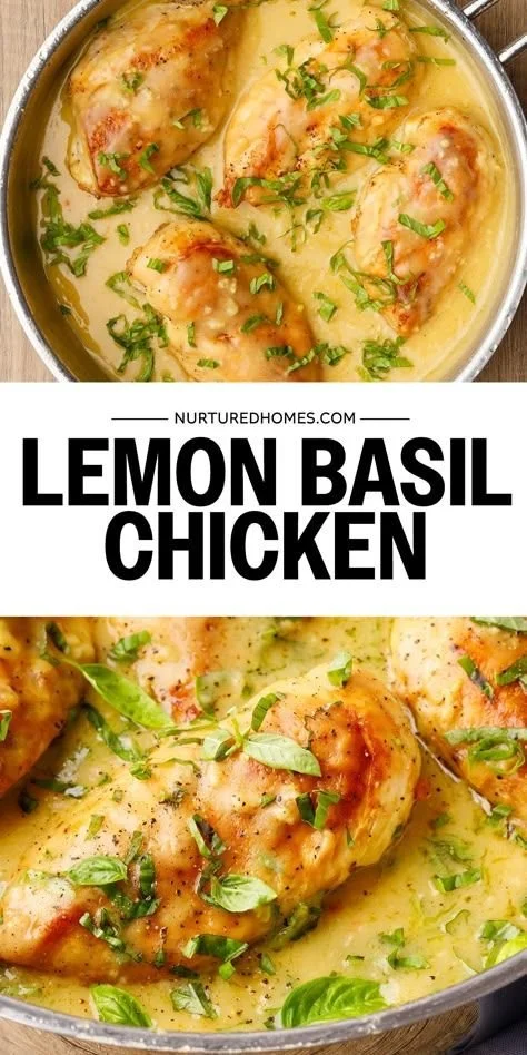 Plate of Lemon Basil Chicken garnished with fresh basil leaves and lemon slices.