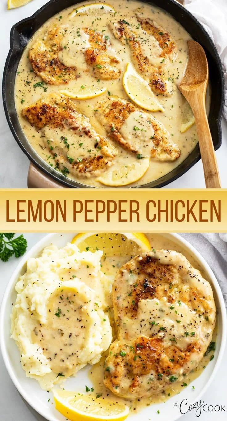 Delicious Lemon Pepper Chicken served with fresh herbs and lemon slices