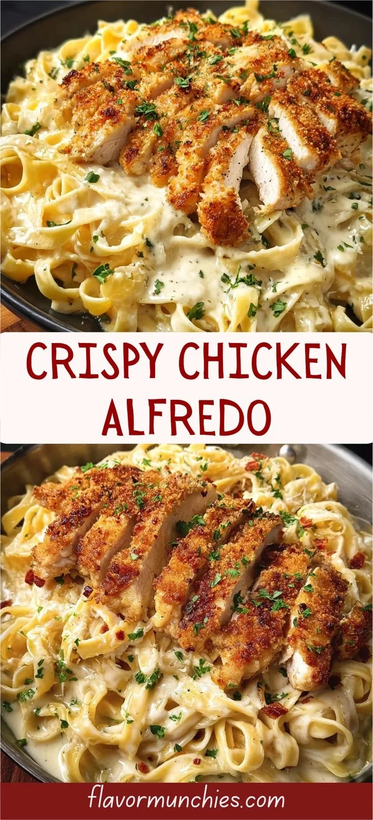 Creamy Alfredo pasta dish topped with crispy chicken