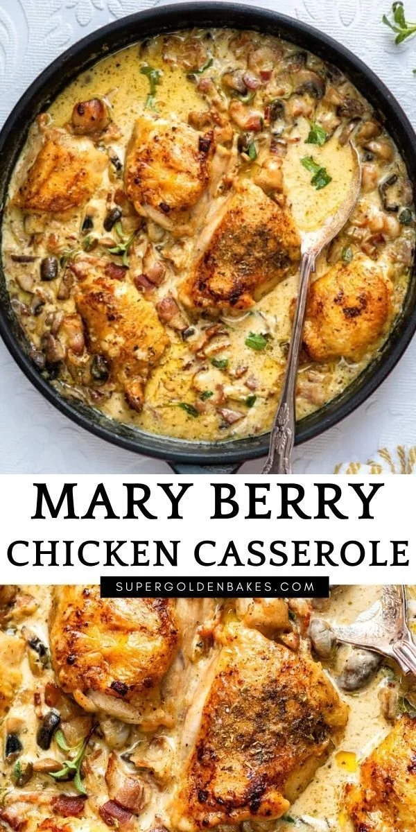 Mary Berry Chicken Casserole served in a baking dish with fresh herbs