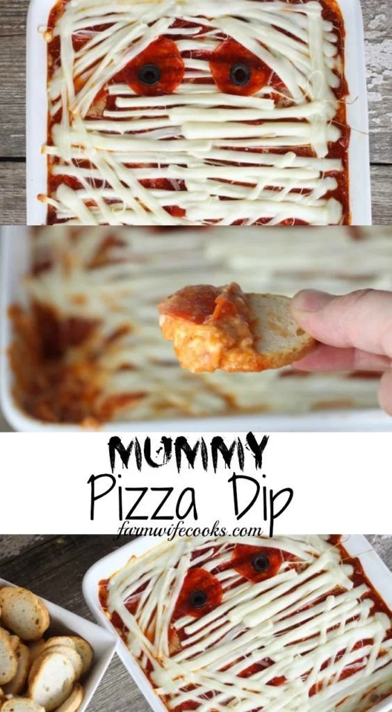 Spooky Mummy Pizza Dip served in a Halloween setting