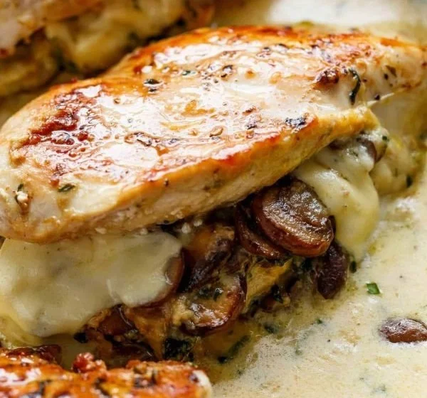 Mushroom stuffed chicken breast with creamy garlic parmesan sauce served on a plate