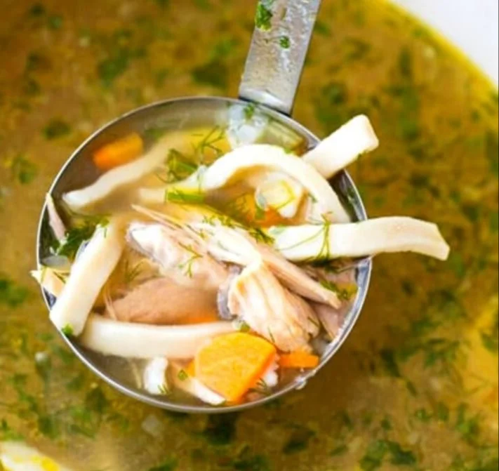 Bowl of Old Fashioned Chicken Noodle Soup with vegetables and noodles