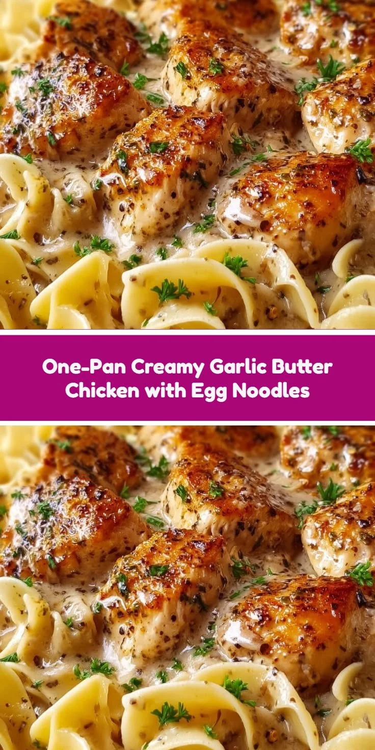 One-Pan Creamy Garlic Butter Chicken with Egg Noodles on a plate