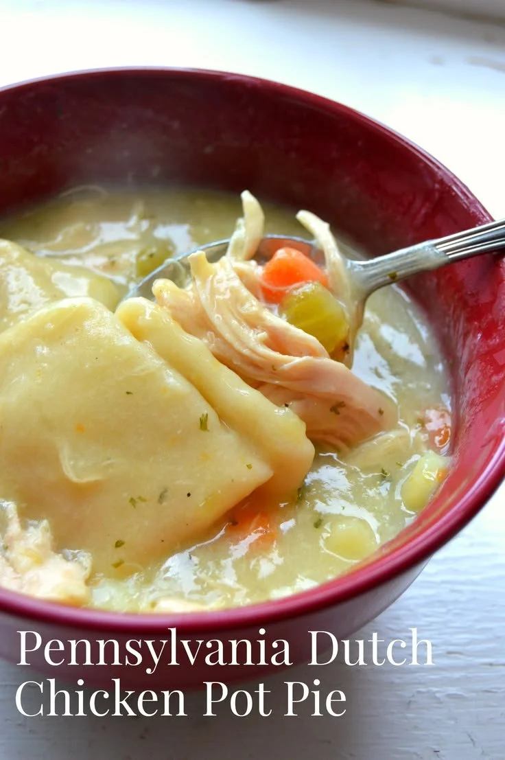 Delicious Pennsylvania Dutch chicken pot pie with flaky crust and tender chicken filling