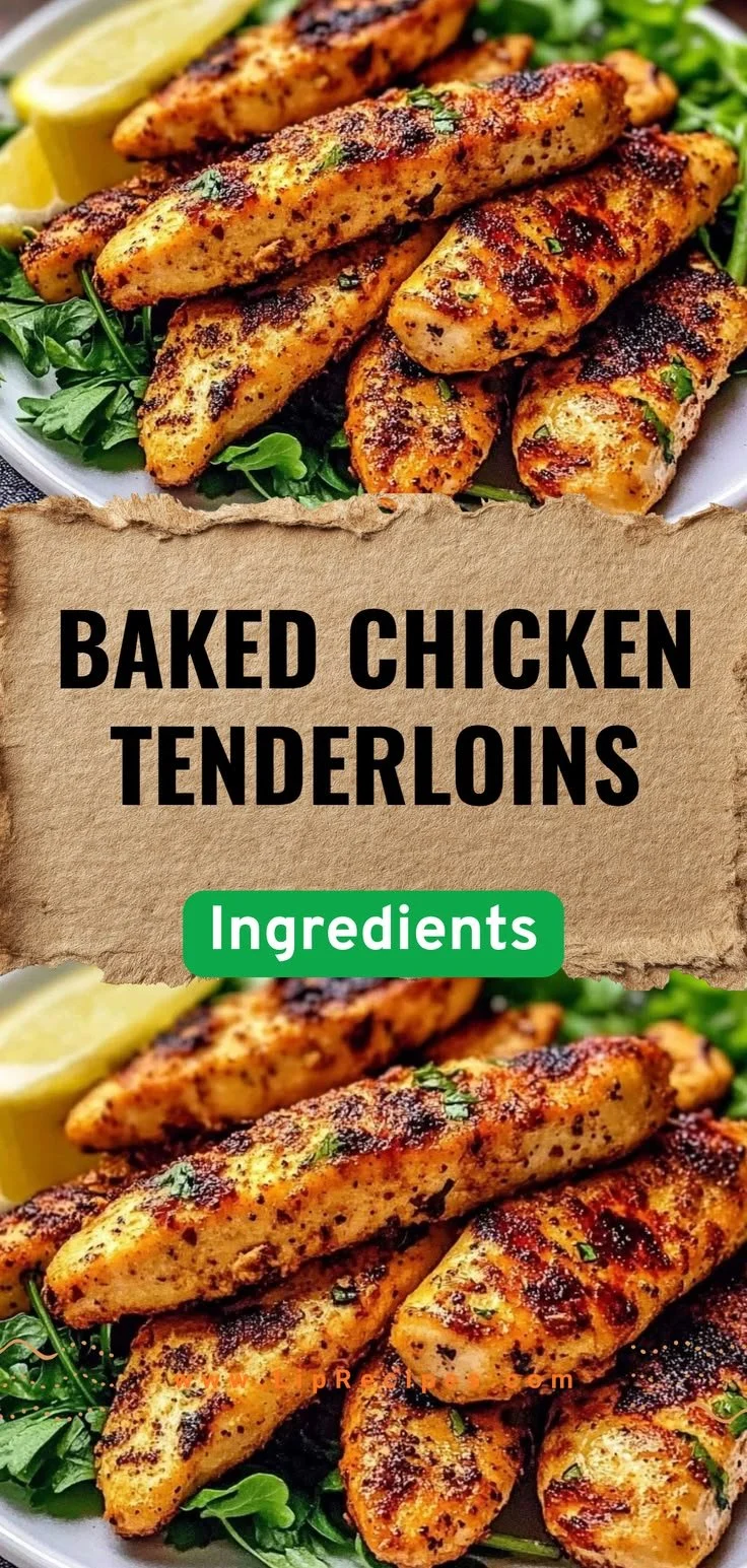 Delicious baked chicken tenderloins served on a plate with herbs and spices.
