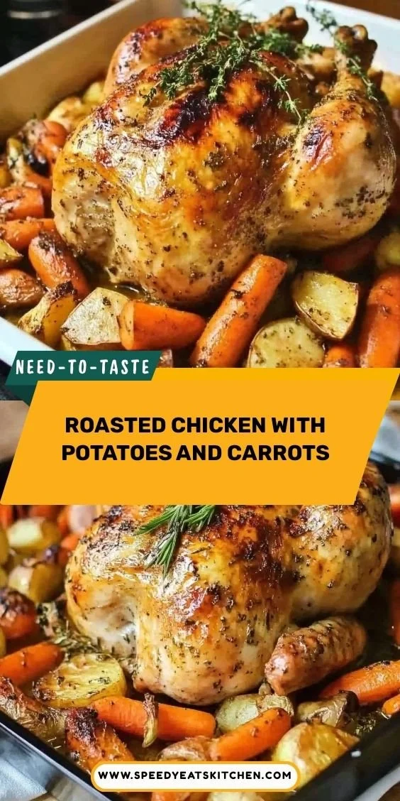Roasted chicken with potatoes and carrots on a serving platter