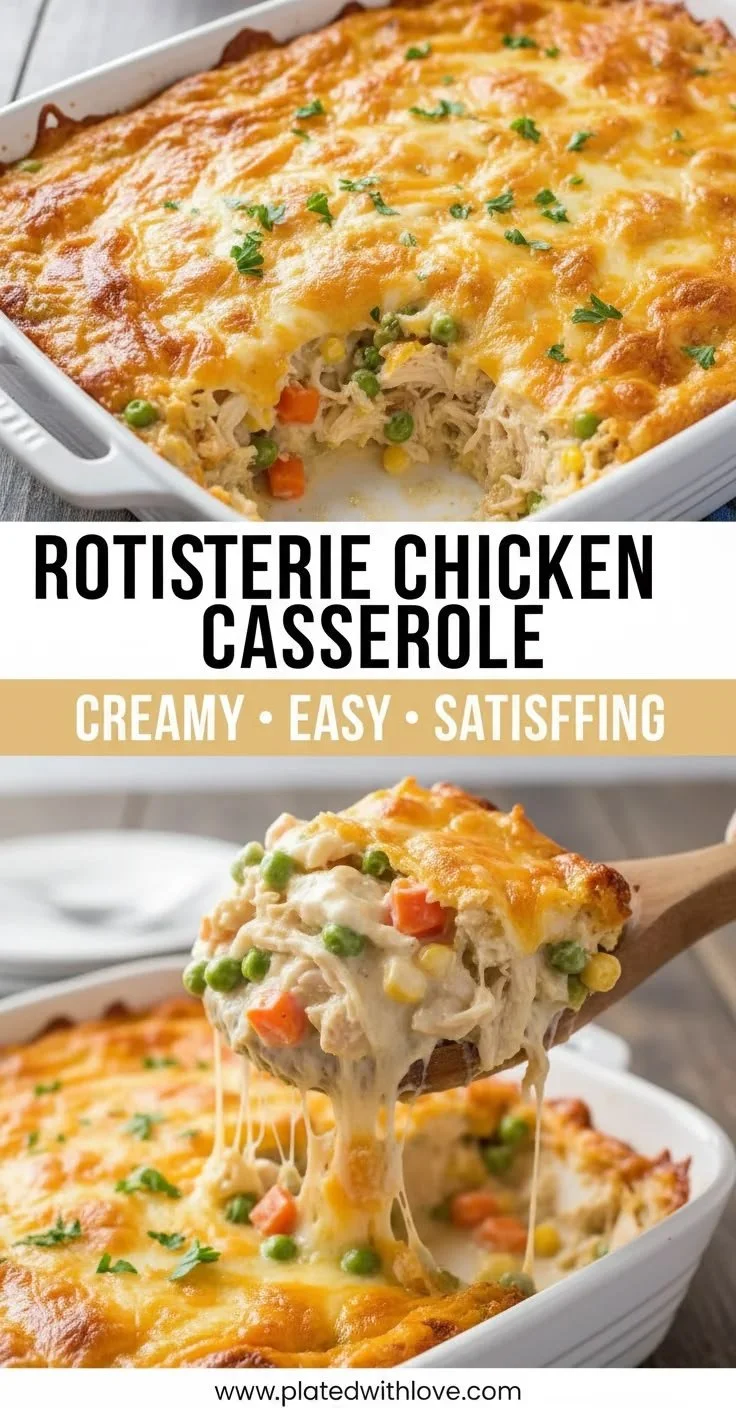 Delicious rotisserie chicken casserole served in a baking dish.