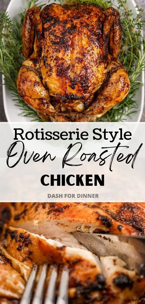 Succulent rotisserie-style oven roasted chicken served with herbs and spices.