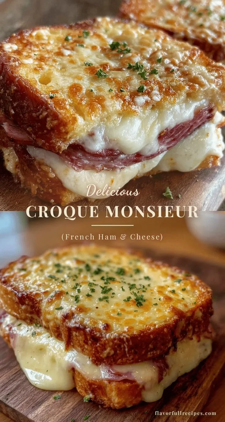 Delicious homemade Croque Monsieur sandwich with ham and cheese