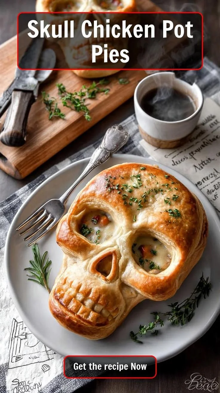 Halloween-themed Skull Chicken Pot Pies with spooky decorations