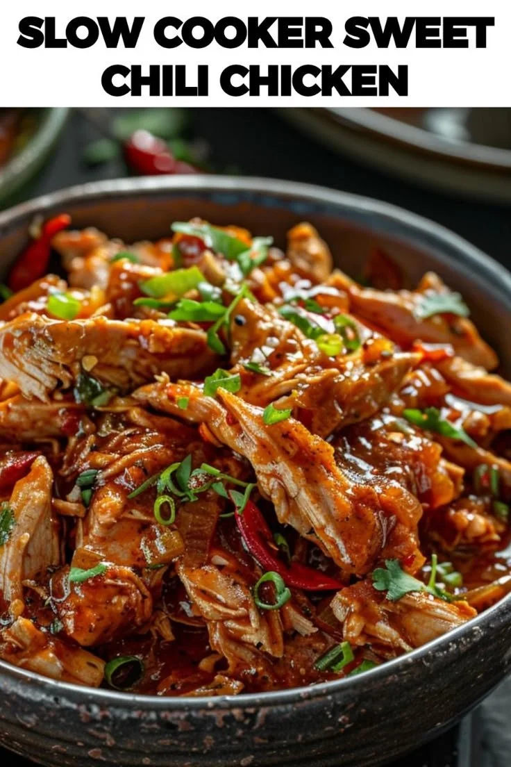 Slow cooked sweet chili chicken ready to be served