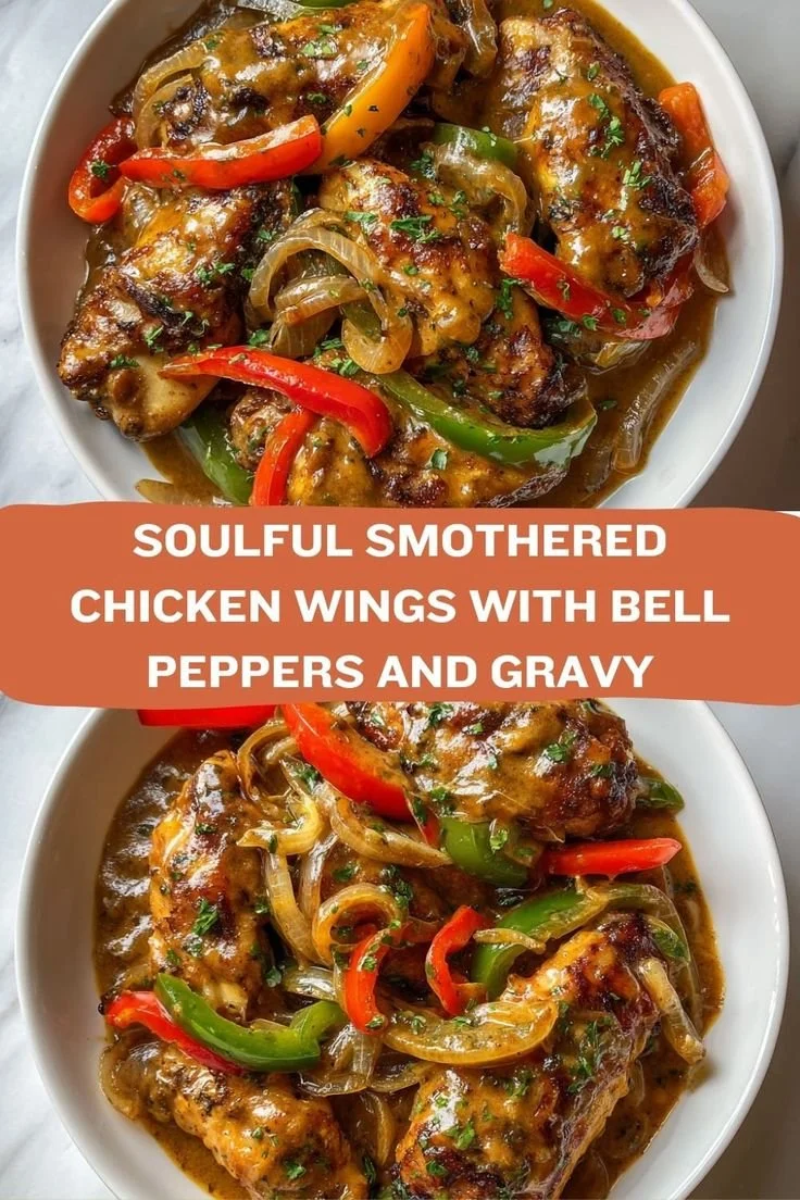 Smothered chicken wings topped with rich gravy, served on a plate for soul food dinner