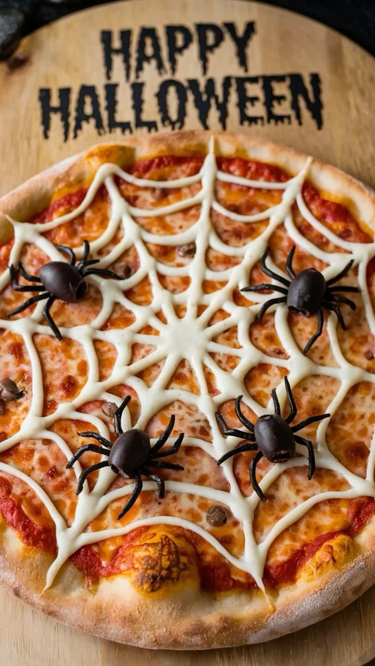 Delicious Spider Web Pizza topped with spooky decorations for Halloween