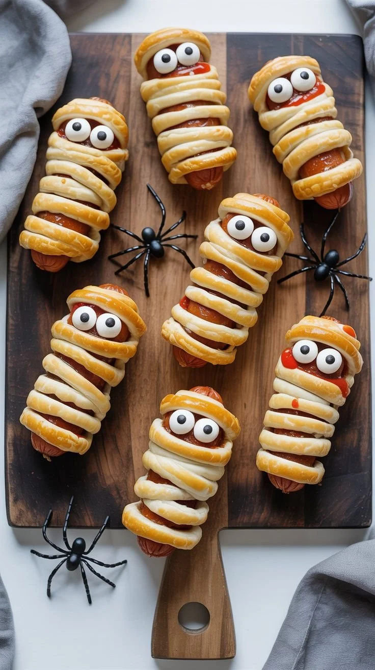 Colorful Halloween snacks for kids at a festive party, including spooky treats.