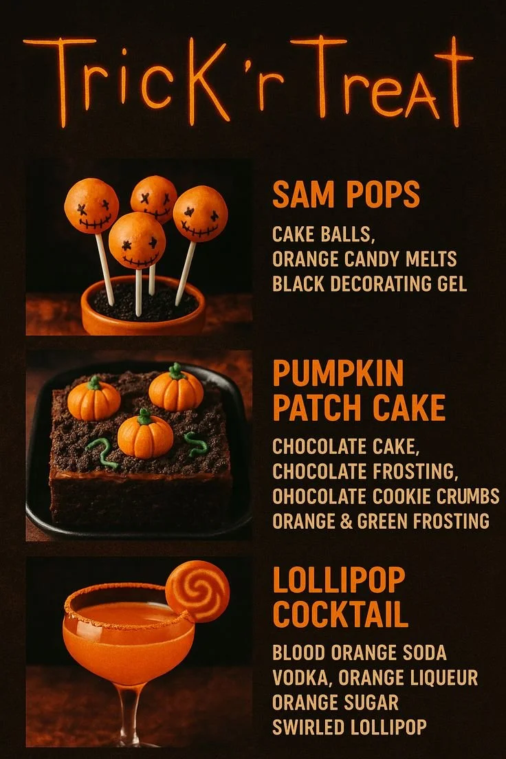 Halloween party menu inspired by Trick 'r Treat with spooky treats and decorations