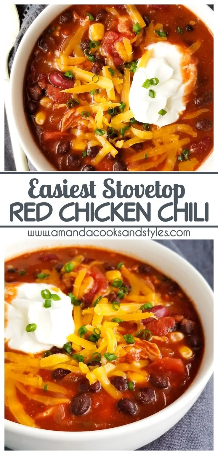 Bowl of Stovetop Red Chicken Chili topped with cilantro and jalapenos