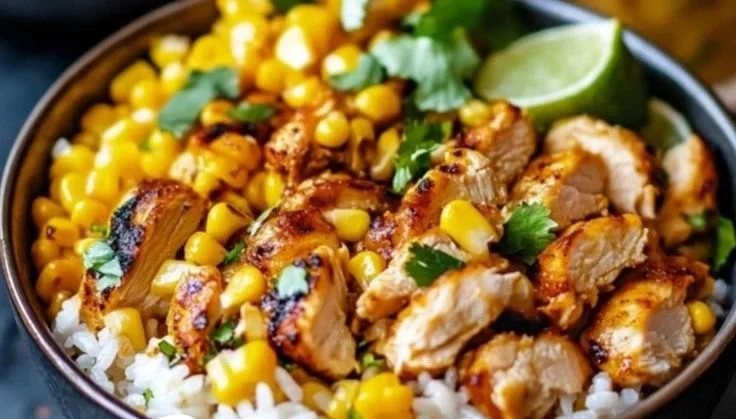 Street Corn Chicken Rice Bowl with fresh ingredients and vibrant toppings