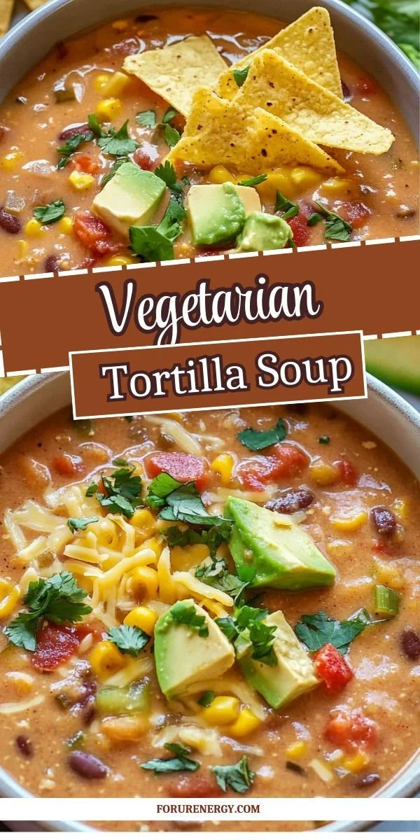 Bowl of delicious crockpot vegetarian tortilla soup garnished with tortilla strips.