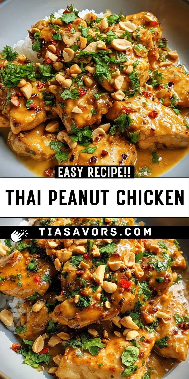 Delicious Thai Peanut Chicken served with fresh vegetables and rice