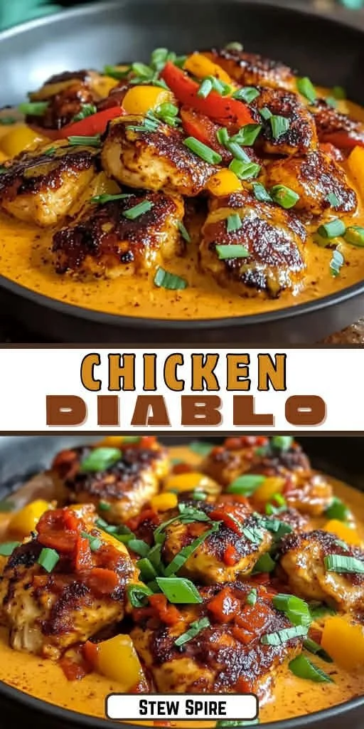 Delicious Chicken Diablo served with a spicy sauce and colorful veggies