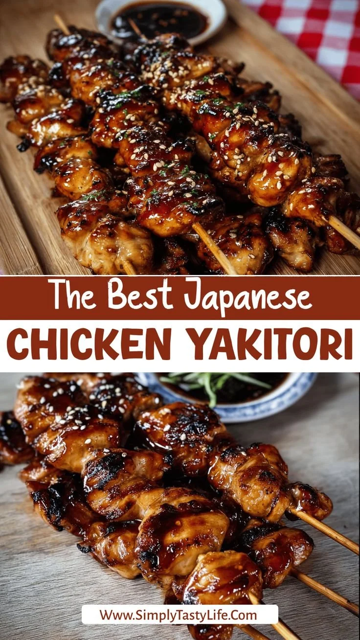 Easy Japanese chicken yakitori recipe served on skewers with dipping sauce.