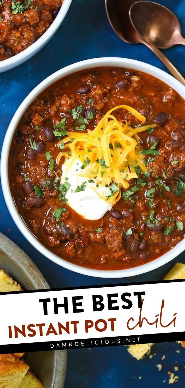 Delicious bowl of instant pot chili ready to serve with toppings.