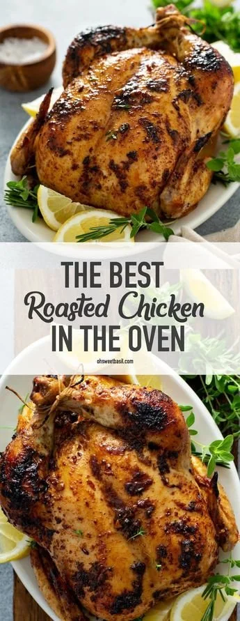 Perfectly roasted chicken cooked in the oven, showcasing golden skin and juicy meat.