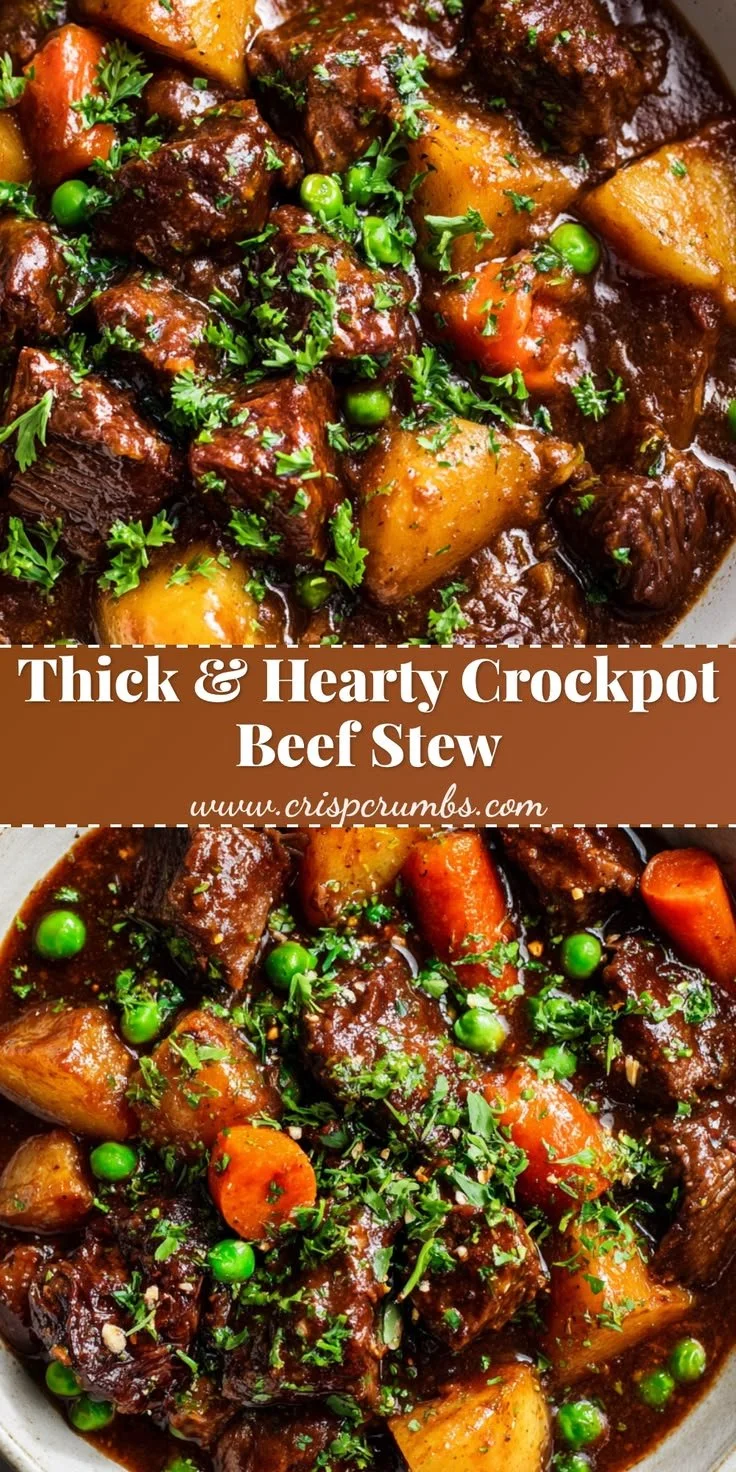 Thick and hearty crockpot beef stew served in a bowl