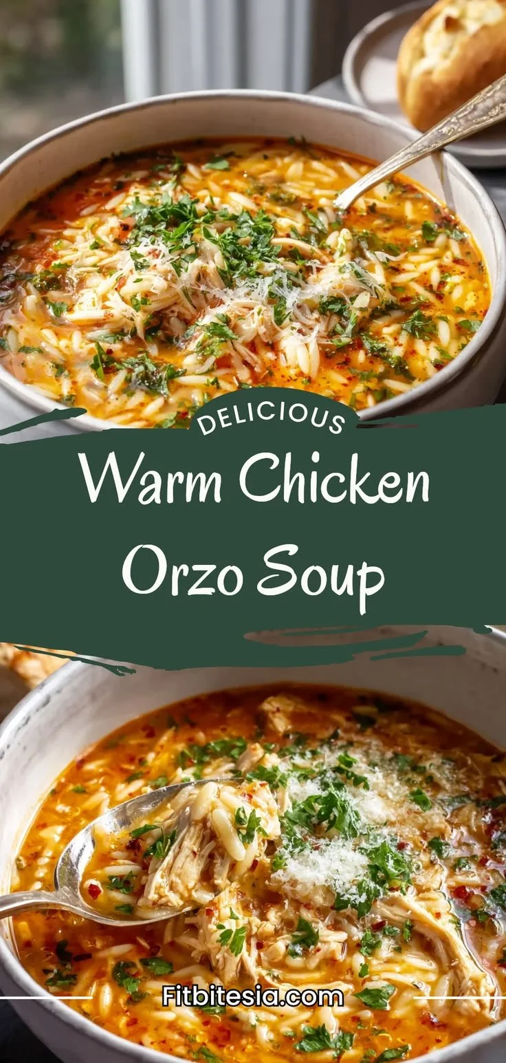 Bowl of warm chicken orzo soup garnished with herbs and vegetables
