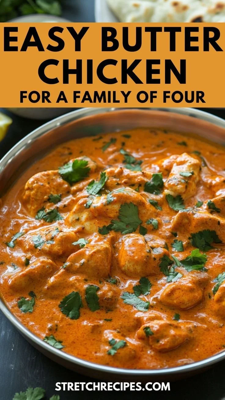 Delicious butter chicken served with rice and naan in a vibrant dish.