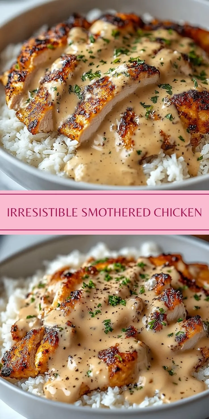 Delicious creamy smothered chicken served with herbs and spices